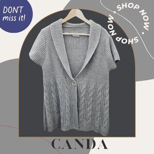 CANDA Germany Grey Wool Knit Ribbed Cable Short Sleeve Cardigan Sweater XL